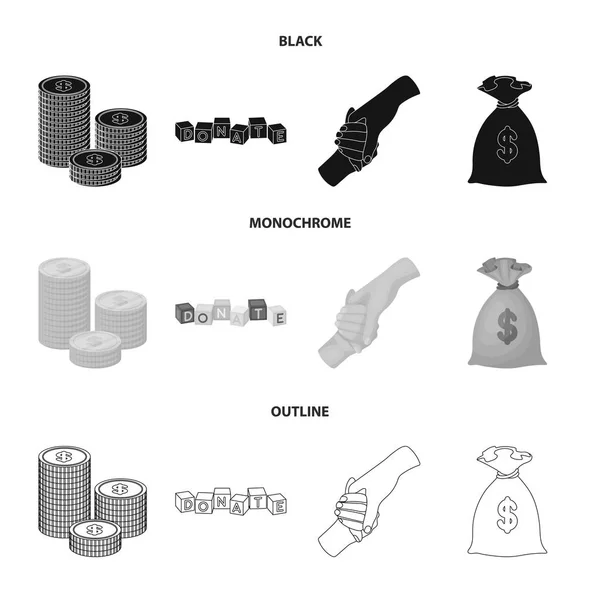 A pile of coins for donations, colored cubes with an inscription, a handshake, a bag of money for donations. Charity and donation set collection icons in black,monochrome,outline style vector symbol — Stock Vector