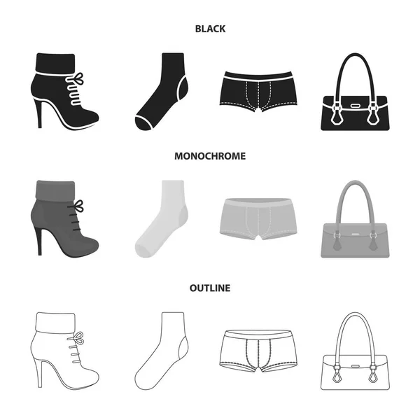 Bottes, chaussettes, shorts, sacs pour dames. Ensemble de vêtements icônes de la collection en noir, monochrome, contour style vectoriel symbole illustration web . — Image vectorielle