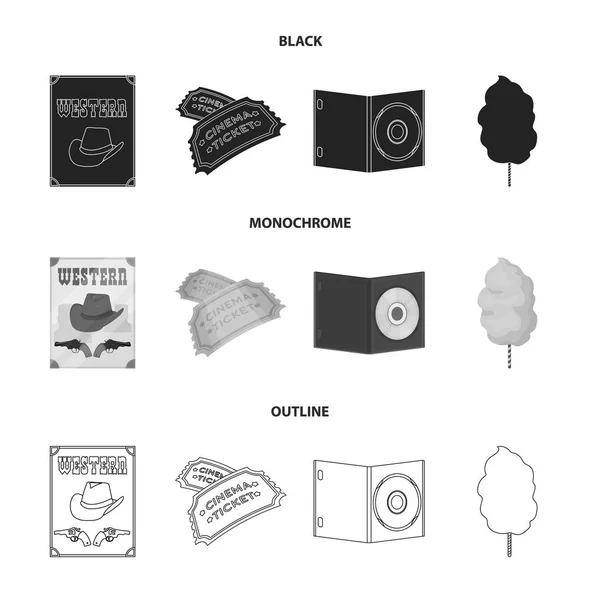 Western cinema, tickets, sweet cotton wool, film on DVD.Filmy and cinema set collection icons in black,monochrome,outline style vector symbol stock illustration web. — Stock Vector