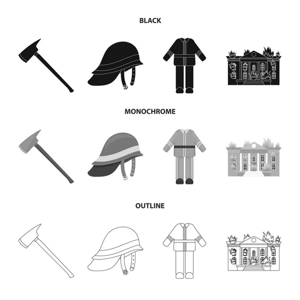 Ax、ヘルメット、服、建物を燃やします。火 departmentset は黒、白黒、アウトライン スタイルのベクトル シンボル ストック イラスト web コレクションのアイコンを設定. — ストックベクタ