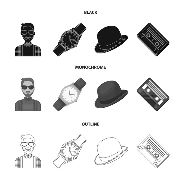 Hipster, moda, estilo, subcultura. Ícones de coleção de conjuntos de estilo Hipster em preto, monocromático, estilo esboço vetor símbolo estoque ilustração web . — Vetor de Stock