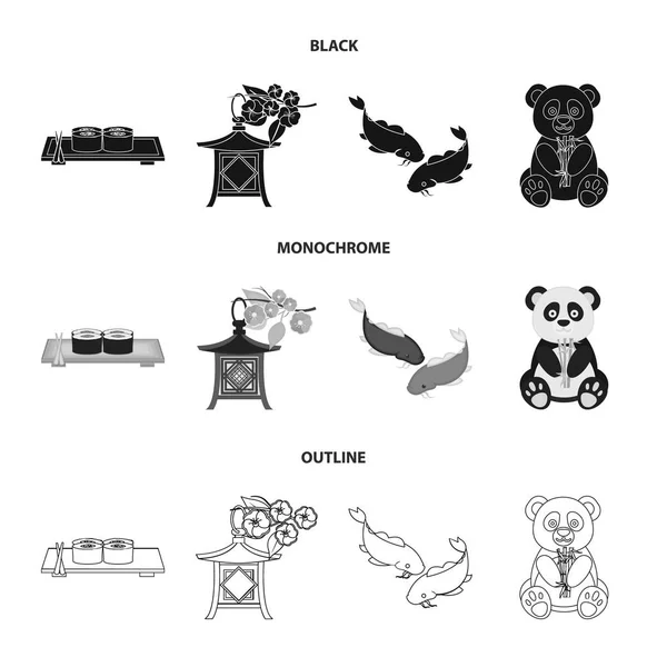 Sushi, Koi-Fisch, japanische Laterne, panda.japan Set Sammlung Symbole in schwarz, monochrom, Umriss Stil Vektor Symbol Stock Illustration Web. — Stockvektor