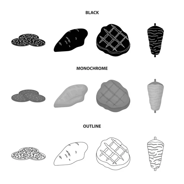 サラミ、七面鳥胸肉、グリル ステーキ、ケバブの部分。肉が黒、白黒、アウトライン スタイルのベクトル シンボル ストック イラストの web コレクションのアイコンを設定. — ストックベクタ