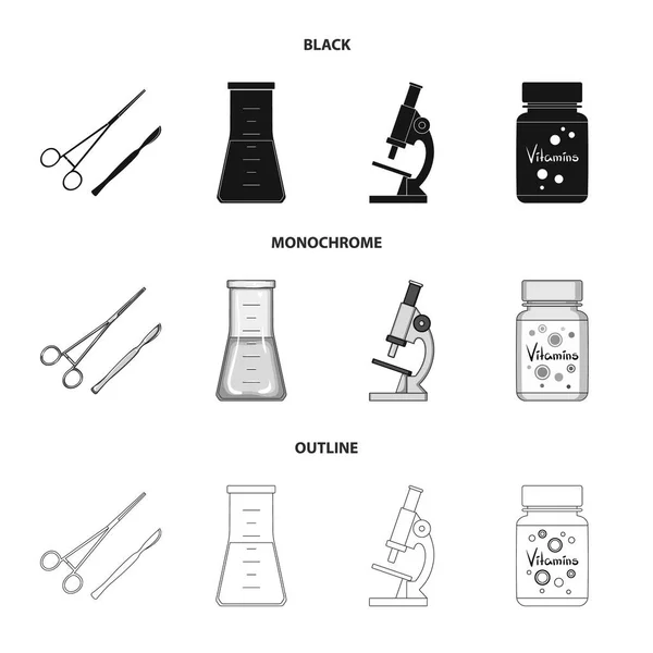 Un banco de vitaminas, un frasco con una solución y otros equipos.Iconos de colección de conjuntos de medicina en negro, monocromo, contorno estilo vector símbolo stock ilustración web . — Vector de stock