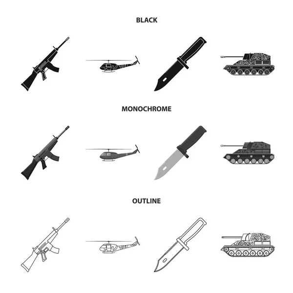 Útočná puška M16, vrtulník, tank, bojový nůž. Vojenské a army nastavení kolekce ikon v černá, černobílá, osnovy styl vektor symbol skladem ilustrace web. — Stockový vektor