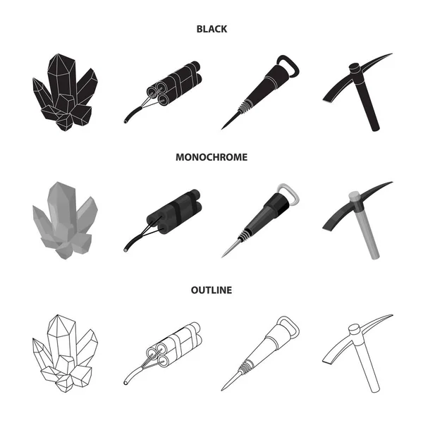 Minerais, explosivos, martelo pneumático, picareta. Indústria de mineração definir ícones de coleção em preto, monocromático, esboço estilo vetor símbolo estoque ilustração web . —  Vetores de Stock