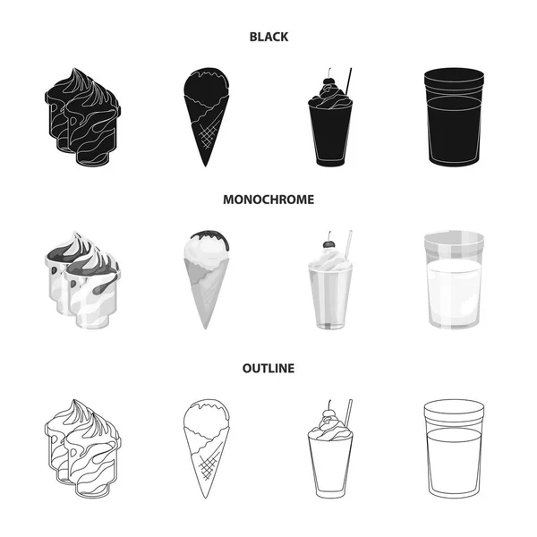 Süt, kalsiyum, ürün, yiyecek. Süt ürünü ve tatlı koleksiyonu Icons set siyah, tek renkli, anahat stili vektör simge stok çizim web. — Stok Vektör