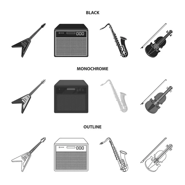 E-Gitarre, Lautsprecher, Saxophon, Geige. Musikinstrumente setzen Sammlungssymbole in schwarz, monochrom, Umriss Stil Vektor Symbol Stock Illustration Web. — Stockvektor