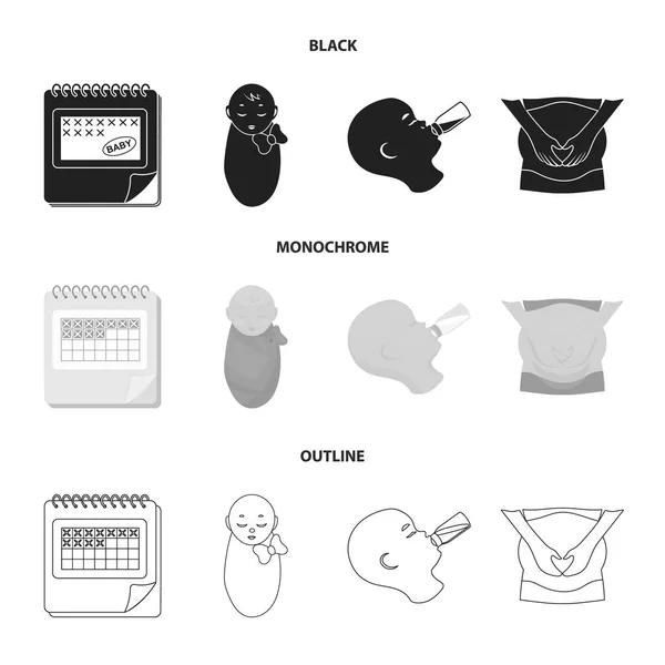 Calendar, newborn, stomach massage, artificial feeding. Pregnancy set collection icons in black,monochrome,outline style vector symbol stock illustration web. — Stock Vector