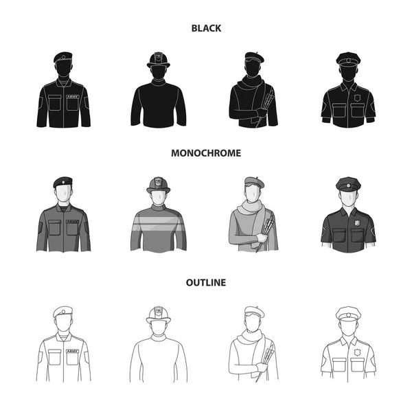 Military, fireman, artist, policeman.Profession set collection icons in black,monochrome,outline style vector symbol stock illustration web. — Stock Vector