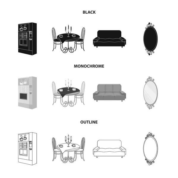 Macchina per il caffè, tavolino nel ristorante e altra icona web in nero, monocromatico, contorno isometrico.Divano morbido e confortevole, icone specchio a parete in collezione set . — Vettoriale Stock