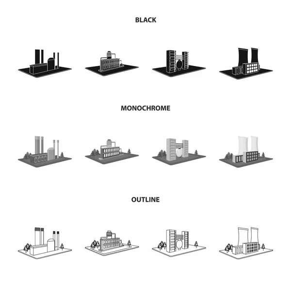 加工工場 冶金の植物 産業黒 アウトライン スタイル等尺性のベクトル シンボル ストック イラスト コレクションのアイコンを設定 — ストックベクタ