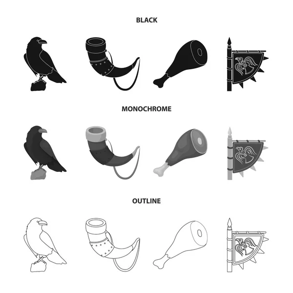 Cuervo sentado, cuerno con bebida, jamón, bandera de la victoria. Vikingos conjunto de iconos de colección en negro, monocromo, contorno estilo vector símbolo stock ilustración web . — Vector de stock