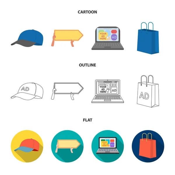 Baseball cap, pointer in hands, laptop, shopping bag.Advertising,set collection icons in cartoon,outline,flat style vector symbol stock illustration web. — Stock Vector