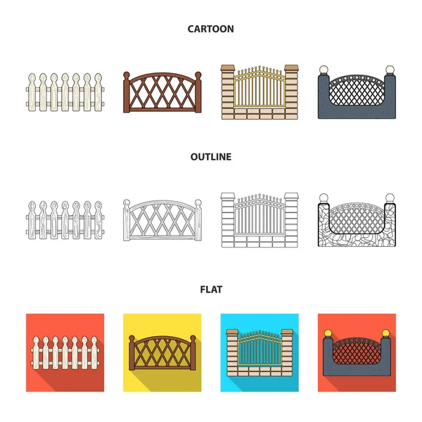 Una recinzione di metallo e mattoni, palizzata di legno. Un diverso set di recinzioni icone di raccolta in cartone animato, contorno, stile piatto vettore simbolo stock illustrazione web . — Vettoriale Stock