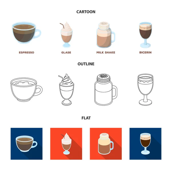 Esprecco, glase, milk shake, bicerina.Diferentes tipos de ícones de coleção de conjuntos de café em desenhos animados, esboço, estilo plano símbolo vetorial web ilustração . —  Vetores de Stock