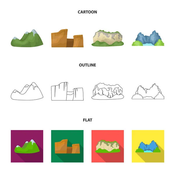 Grüne Berge mit Schneegipfeln, eine Schlucht, Felsen mit Wäldern, eine Lagune und Felsen. verschiedene Berge setzen Sammlung Symbole in Cartoon, Umriss, flachen Stil Vektor Symbol Stock Illustration Web. — Stockvektor
