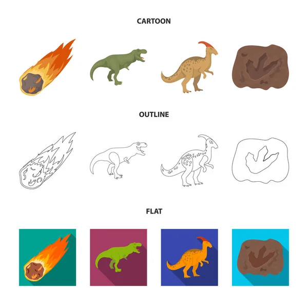 落下隕石、パラサウロロフス、ティラノサウルス、恐竜の足の出版社。恐竜、先史時代漫画、アウトライン、フラット スタイル ベクトル シンボル在庫コレクションのアイコンを設定 — ストックベクタ