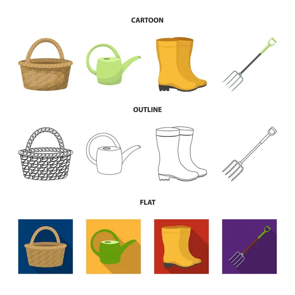 Basket wicker, watering can for irrigation, rubber boots, forks. Farm and gardening set collection icons in cartoon,outline,flat style vector symbol stock illustration web. — Stock Vector