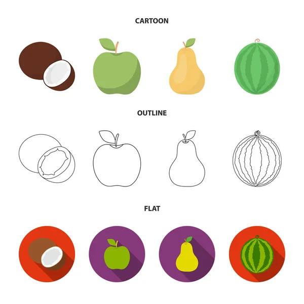 Noix de coco, pomme, poire, pastèque. Fruits ensemble icônes de la collection dans la bande dessinée, contour, plat style vectoriel symbole illustration web . — Image vectorielle