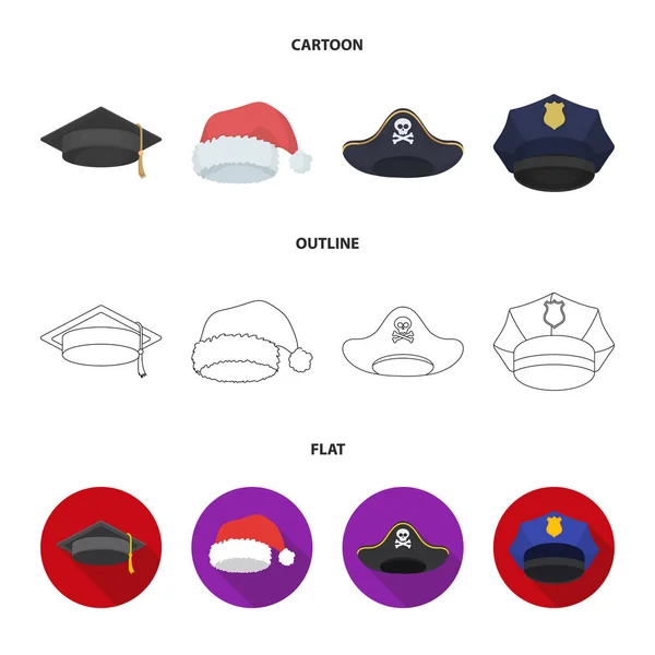 Absolvent, Weihnachtsmann, Polizei, Pirat. Hüte Set Sammlung Symbole in Cartoon, Umriss, flachen Stil Vektor Symbol Stock Illustration Web. — Stockvektor