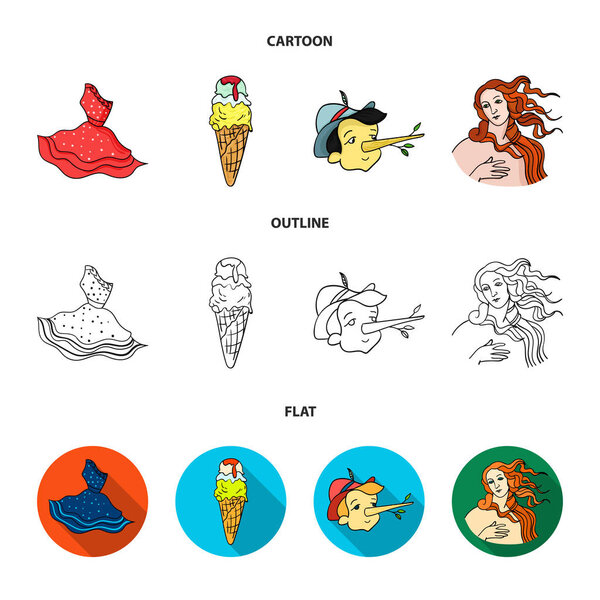 Italian dress, gelato, pinocchio, goddess of love. Italy set collection icons in cartoon,outline,flat style vector symbol stock illustration web.