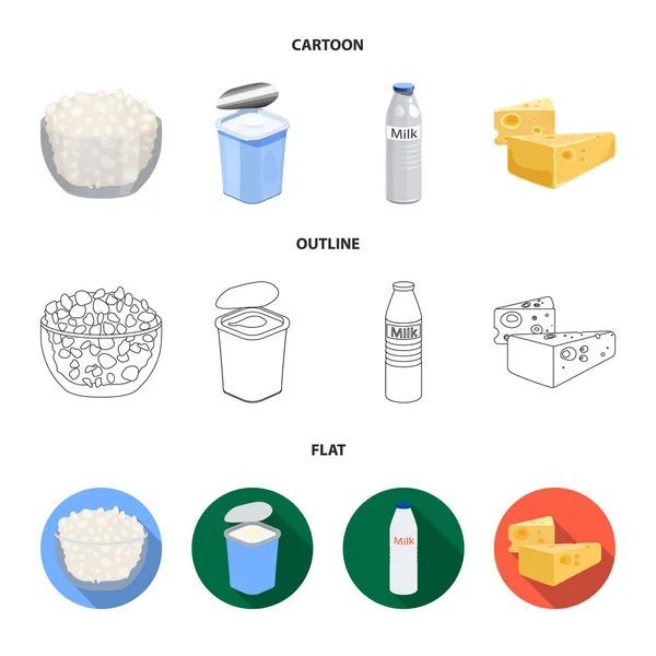 Melk, Calcium, Product, voedsel. Melkproduct en zoete ingesteld collectie iconen in de tekenfilm, overzicht, vlakke stijl vector symbool stock illustratie web. — Stockvector
