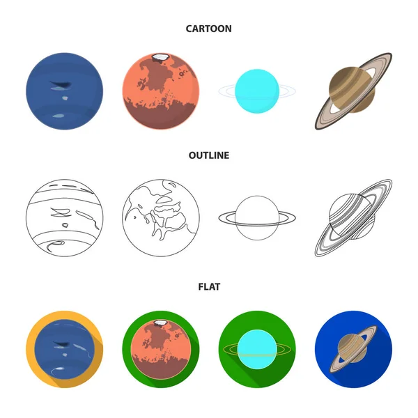 Nettuno, Marte, Saturno, Urano del Sistema Solare. Pianeti set icone di raccolta in cartone animato, contorno, stile piatto vettore simbolo stock illustrazione web . — Vettoriale Stock