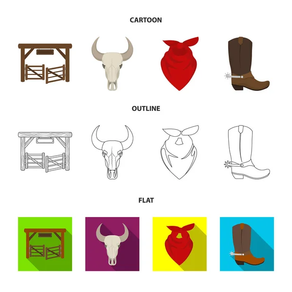 Puertas, un cráneo de toro, una bufanda alrededor de su cuello, botas con espuelas. Rodeo conjunto colección iconos en dibujos animados, contorno, plano estilo vector símbolo stock ilustración web . — Archivo Imágenes Vectoriales