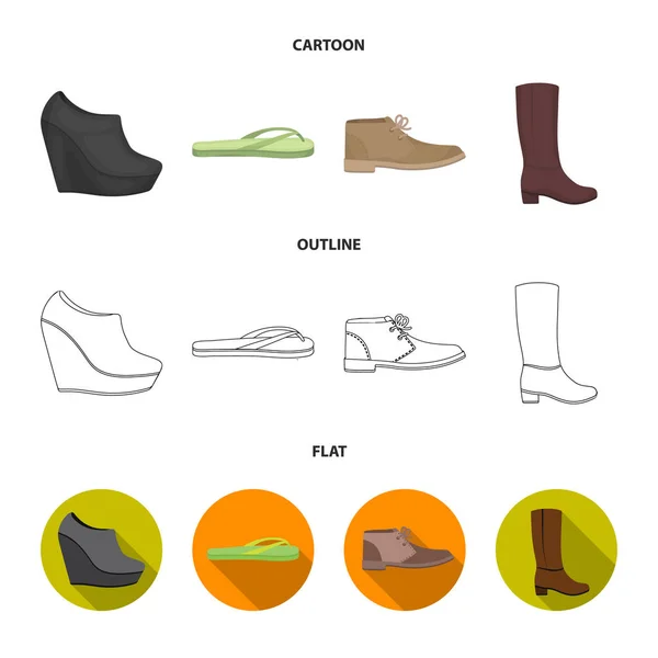 Zapatos negros de otoño en una plataforma alta, chanclas verdes para relajarse, zapatos de otoño de hombres arenosos, botas marrones altas. Zapatos conjunto de iconos de colección en dibujos animados, contorno, plano estilo vector símbolo stock — Vector de stock