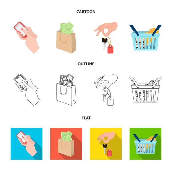 Mobile phone, a package with money and other web icon in cartoon,outline,flat style. a key in hand, a basket with food icons in set collection. — Stock Vector