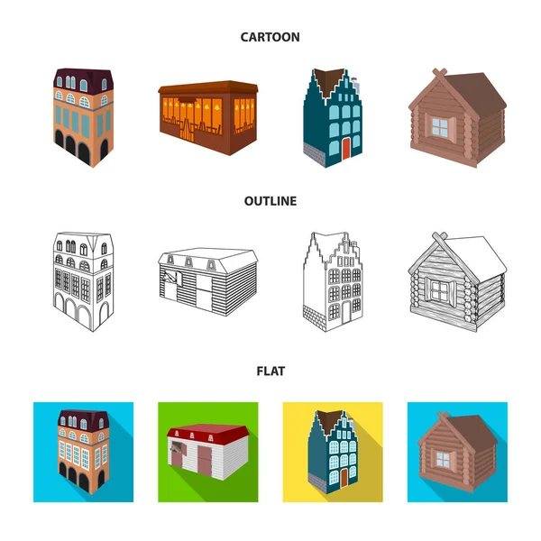 Κατοικημένη σπίτι σε αγγλικό στιλ, ένα εξοχικό σπίτι, με τα βιτρό παράθυρα, ένα κτίριο του καφέ, μια ξύλινη καλύβα. Αρχιτεκτονική και την οικοδόμηση set συλλογή εικονίδια στη γελοιογραφία, περίγραμμα, επίπεδη στυλ διάνυσμα σύμβολο — Διανυσματικό Αρχείο