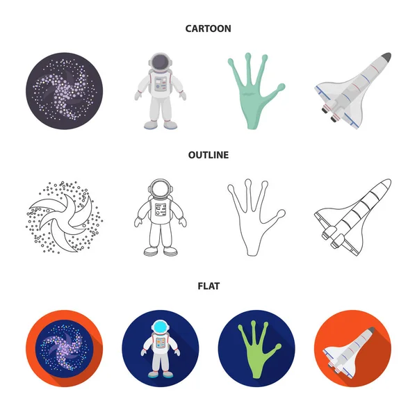 The alien hand, the space shuttle ship Space Shuttle, the astronaut in the spacesuit, the black hole with the stars. Space set collection icons in cartoon,outline,flat style vector symbol stock — Stock Vector