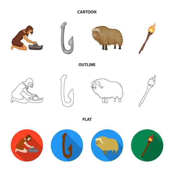 Ganado, captura, gancho, pesca. Iconos de colección conjunto de edad de piedra en dibujos animados, contorno, estilo plano vector símbolo stock ilustración web . — Vector de stock