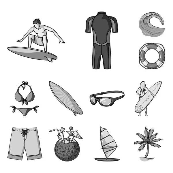 Surfen en extreme zwart-wit pictogrammen in set collectie voor design. Surfer en accessoires vector symbool voorraad web illustratie. — Stockvector