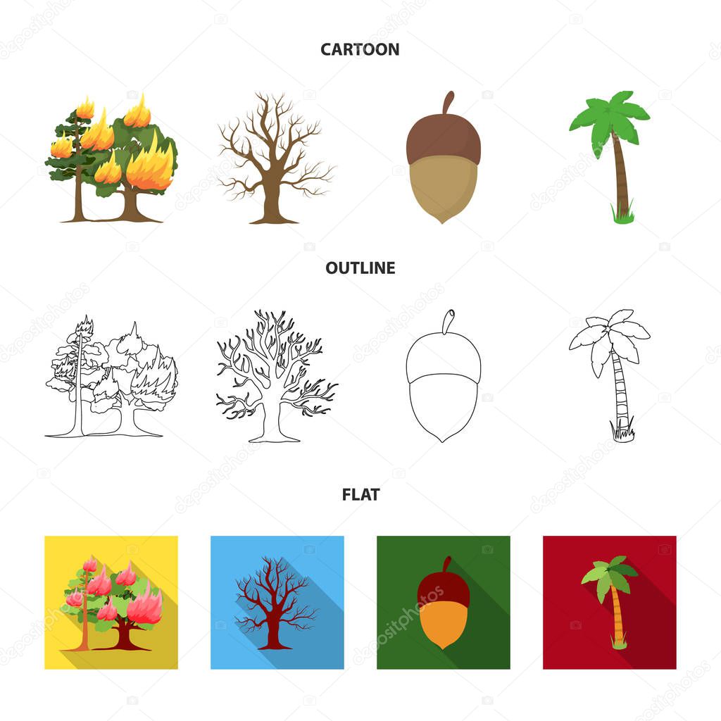 Burning tree, palm, acorn, dry tree.Forest set collection icons in cartoon,outline,flat style vector symbol stock illustration web.