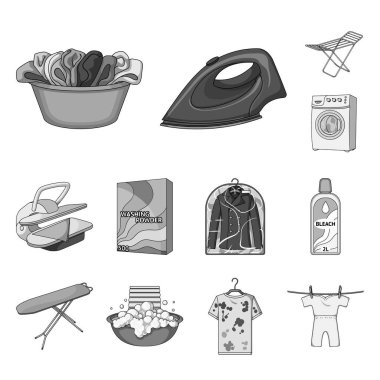 Kuru Temizleme donanımları set koleksiyonu tasarım için tek renkli simgeler. Yıkama ve giyim Ütü sembol stok web illüstrasyon vektör.