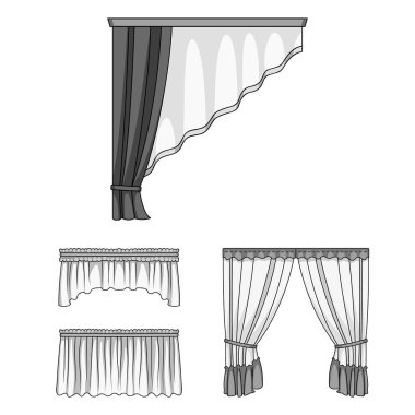 Set koleksiyonu tasarım için perdeler tek renkli simgeler farklı türde. Perdeler ve Saçakların sembol stok web illüstrasyon vektör.