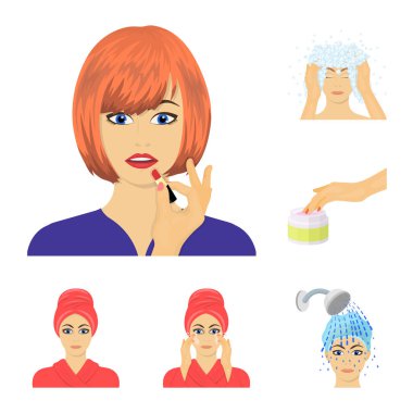Saç Bakımı ve set koleksiyonu tasarım için karikatür simgeleri bak. Makyaj ve parfüm sembol stok web illüstrasyon vektör.