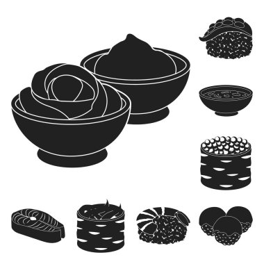 Suşi ve set koleksiyonu tasarım için siyah simgeler baharat. Deniz ürünleri gıda, Aksesuar vektör simge stok web çizimi.