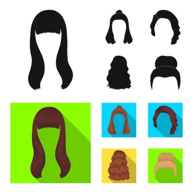 Saç uzun, kırmızı ve diğer türleri. Arka saç toplama simgeler siyah, düz stil vektör simge stok çizim web içinde ayarla..