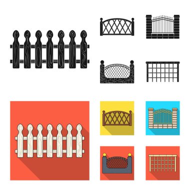 Metal ve tuğla, ahşap çit çit. Farklı bir çit toplama simgeler siyah, düz stil vektör simge stok çizim web içinde ayarla..