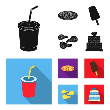 Cola, pizza, dondurma, cips. Fast food toplama simgeler siyah, düz stil vektör simge stok çizim web içinde ayarla..