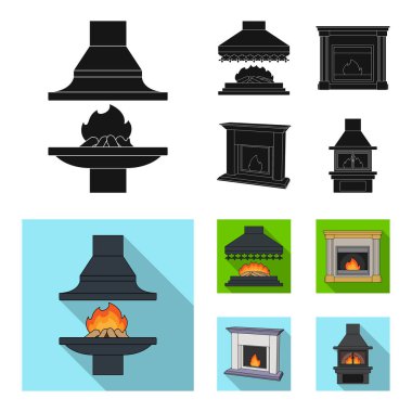 Yangın, sıcaklık ve konfor. Şömine toplama simgeler siyah, düz stil vektör simge stok çizim web içinde ayarla..