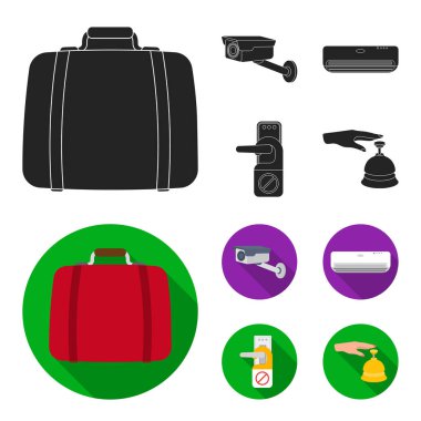 Bagaj, güvenlik kamerası, Klima, işareti rahatsız etmeyin. Otel toplama simgeler siyah, düz stil vektör simge stok çizim web içinde ayarla..