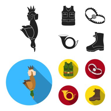 Elini, keskin bir zeka, bir av yeleği himayesi ile bir boynuz bir kupa... Avcılık toplama simgeler siyah, düz stil vektör simge stok çizim web içinde ayarla..