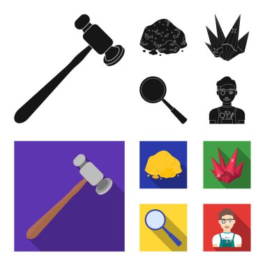 Bir kuyumcu çekiç, bir büyüteç, bakır cevheri, bir kristal. Değerli mineraller ve bir kuyumcu toplama simgeler siyah, düz stil vektör simge stok çizim web ayarla.