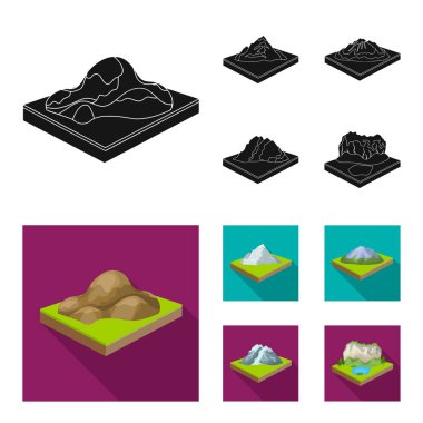 Dağlar, kayalar ve peyzaj. Yardım ve dağlar toplama simgeler siyah, düz stil izometrik vektör simge stok çizim web ayarla.
