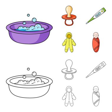 Emzik, elektronik termometre, Çocuk tulumları, çocuk bezi. Bebek set simgeler çizgi film, anahat stili vektör simge stok çizim web tarihi..