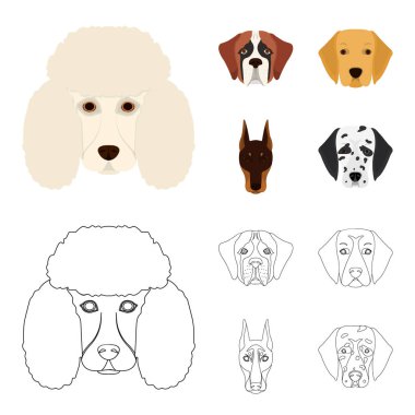 Farklı doğurmak-in köpek ağızlık. St. Bernard, golden retriever, Doberman, Dalmaçyalı doğurmak köpek toplama simgeler çizgi film, anahat stili vektör simge stok çizim web ayarla..